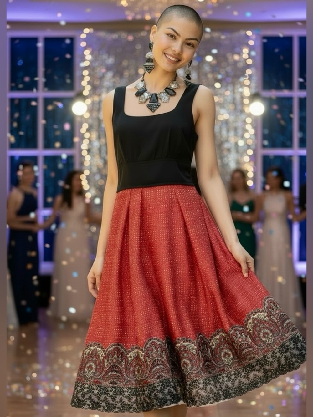 Fit & Flare Dress with Satin Black Top and Red Skirt with Paisley and Lace Trim